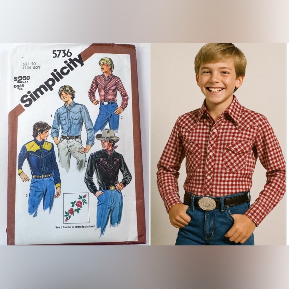 3/$20 Vintage Simplicity 5736 Teen Boy Western Shirt Sewing Pattern (Size 20)